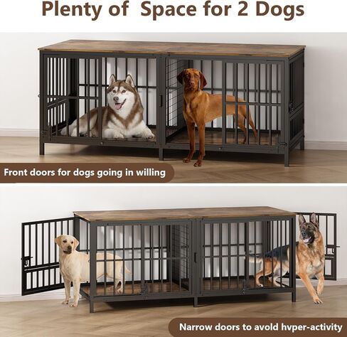 Double 80" Dog Crate Furniture, Extra Large Dog Crates for Large Dogs with 2 Dog Bowl, Wooden Pet Cage with Removable Divider, Sliding Door Dog Crate TV Stand, for 2 Pet, Space Saving in Saudi Arabia