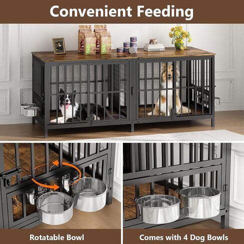 Double 80" Dog Crate Furniture, Extra Large Dog Crates for Large Dogs with 2 Dog Bowl, Wooden Pet Cage with Removable Divider, Sliding Door Dog Crate TV Stand, for 2 Pet, Space Saving in Saudi Arabia