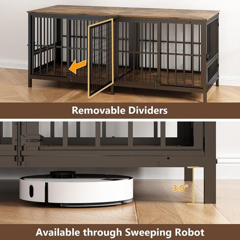 Double 80" Dog Crate Furniture, Extra Large Dog Crates for Large Dogs with 2 Dog Bowl, Wooden Pet Cage with Removable Divider, Sliding Door Dog Crate TV Stand, for 2 Pet, Space Saving in Saudi Arabia