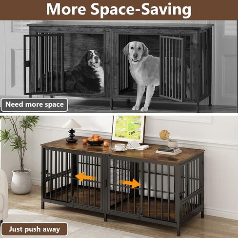 Double 80" Dog Crate Furniture, Extra Large Dog Crates for Large Dogs with 2 Dog Bowl, Wooden Pet Cage with Removable Divider, Sliding Door Dog Crate TV Stand, for 2 Pet, Space Saving in Saudi Arabia