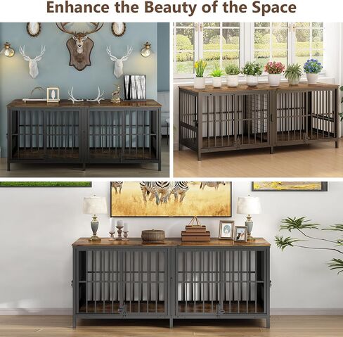 Double 80" Dog Crate Furniture, Extra Large Dog Crates for Large Dogs with 2 Dog Bowl, Wooden Pet Cage with Removable Divider, Sliding Door Dog Crate TV Stand, for 2 Pet, Space Saving in Saudi Arabia