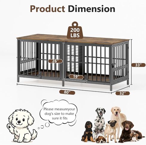 Double 80" Dog Crate Furniture, Extra Large Dog Crates for Large Dogs with 2 Dog Bowl, Wooden Pet Cage with Removable Divider, Sliding Door Dog Crate TV Stand, for 2 Pet, Space Saving in Saudi Arabia