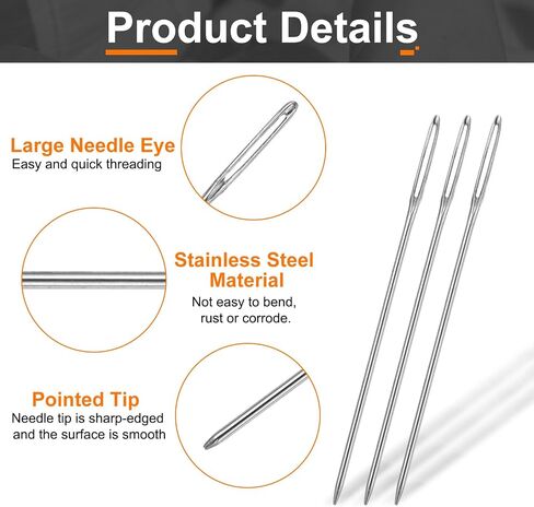 HARFINGTON 100pcs Upholstery Needles 0.76mm Diameter 37mm (1.46") Long Large Eye Stitching Sewing Straight Hand Needles Stainless Steel for Leather Tapestry Embroidery Tufting, Silver in Saudi Arabia