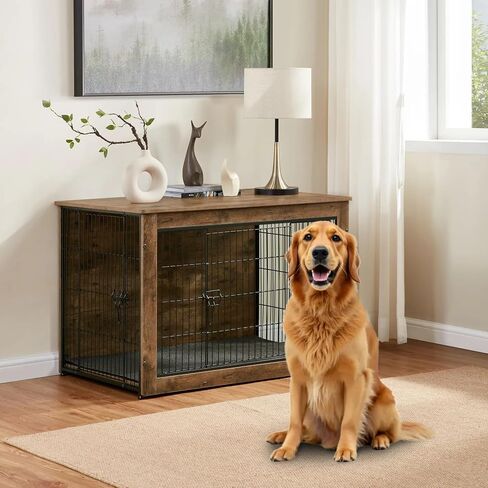 Dog Kennel Furniture, Wooden Dog Crate End Table, Heavy Duty Dog Crate, Decorative Pet Crate Dog Cage for Large Indoor Use (Rustic Brown) 44" L×30" W×32" H in Saudi Arabia