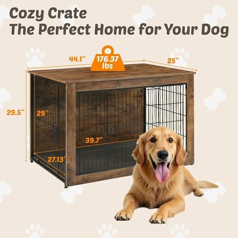 Dog Kennel Furniture, Wooden Dog Crate End Table, Heavy Duty Dog Crate, Decorative Pet Crate Dog Cage for Large Indoor Use (Rustic Brown) 44" L×30" W×32" H in Saudi Arabia