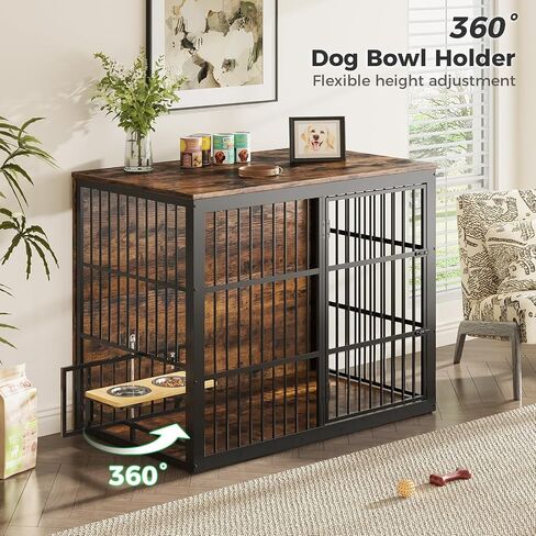 48 '' XXL Dog Crate Furniture مع تغذية دوارة ، طاولة نهاية قفص خشبية كبيرة ، قفص بيت الكلب الداخلي الثقيلة للكلاب المتوسطة إلى الكبيرة ، الرمادي in Kuwait