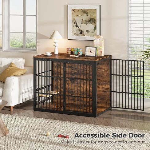 48 '' XXL Dog Crate Furniture مع تغذية دوارة ، طاولة نهاية قفص خشبية كبيرة ، قفص بيت الكلب الداخلي الثقيلة للكلاب المتوسطة إلى الكبيرة ، الرمادي in Kuwait
