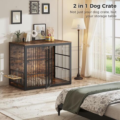 48 '' XXL Dog Crate Furniture مع تغذية دوارة ، طاولة نهاية قفص خشبية كبيرة ، قفص بيت الكلب الداخلي الثقيلة للكلاب المتوسطة إلى الكبيرة ، الرمادي in Kuwait