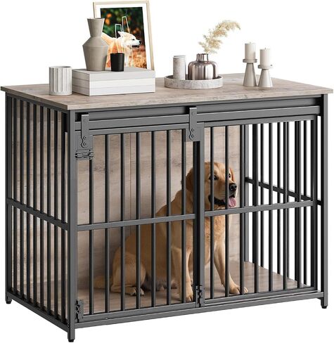 HOOBRO Dog Crate Furniture, 36.6" Heavy Duty Dog Kennel with Sliding Barn Door, Wooden Dog Cage Indoor, Decorative Side End Table for Small/Medium Dogs, Greige and Black GY162GW03G1 in Saudi Arabia