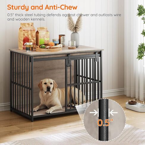 HOOBRO Dog Crate Furniture, 36.6" Heavy Duty Dog Kennel with Sliding Barn Door, Wooden Dog Cage Indoor, Decorative Side End Table for Small/Medium Dogs, Greige and Black GY162GW03G1 in Saudi Arabia