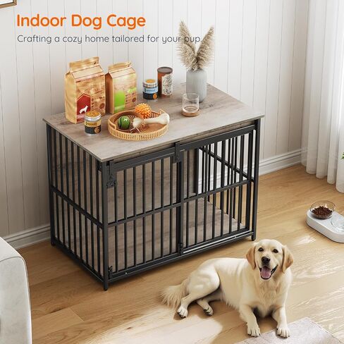 HOOBRO Dog Crate Furniture, 36.6" Heavy Duty Dog Kennel with Sliding Barn Door, Wooden Dog Cage Indoor, Decorative Side End Table for Small/Medium Dogs, Greige and Black GY162GW03G1 in Saudi Arabia