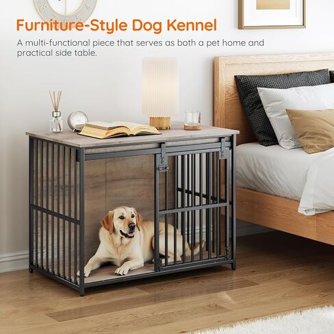 HOOBRO Dog Crate Furniture, 36.6" Heavy Duty Dog Kennel with Sliding Barn Door, Wooden Dog Cage Indoor, Decorative Side End Table for Small/Medium Dogs, Greige and Black GY162GW03G1 in Saudi Arabia