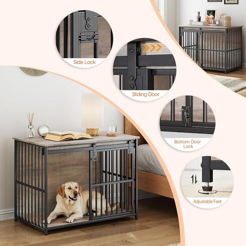 HOOBRO Dog Crate Furniture, 36.6" Heavy Duty Dog Kennel with Sliding Barn Door, Wooden Dog Cage Indoor, Decorative Side End Table for Small/Medium Dogs, Greige and Black GY162GW03G1 in Saudi Arabia