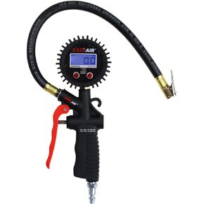 EXELAIR Digital Pistol Grip Tire Inflator Gauge EX0500D, Easy Clip Air Chuck, Easy to Read 0.1 Display, Pistol Grip Handle, 100 PSI Max Pressure, 16" Air Hose, 1/4" NPT (PSI, kPa, Bar, and kg/cm2)