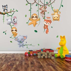 Jungle Animals Climbing Tree Wall Stickers - Elephant Monkey Koala Fox Leopard Sloth Wall Decals - Baby Nursery Kids Boy Girls Room Daycare Playroom Classroom Wall Decor