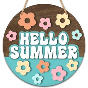 Hello Summer Decorations for Home, 10" Farmhouse Sunflower Door Sign, Rustic Welcome Hanging Sign for Front Door Wall Indoor Outdoor Decor - D05