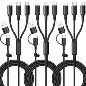 6 in 1 Multi Charging Cable [3Pack 4FT] Multi Charger Cable Nylon Braided Multi Fast Charging Cord USB A/C to Phone USB C/Micro USB/i-P Connector Universal Multiple Phone Charger Cable for Cell Phones