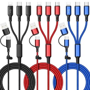 كابل شحن متعدد 6 في 1 [3حزمة 4أقدام] كابل شاحن متعدد نايلون مضفر سلك شحن سريع متعدد USB A/C إلى الهاتف USB C/Micro USB/i-P موصل عالمي متعدد كابل شاحن الهاتف للهواتف المحمولة