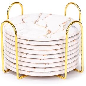 9 Pieces Ceramic Drink Coasters with Holder, Billbotk Absorbent Drink Coasters for Coffee Table, Marble Style Coasters Wooden Table, Suitable for Kinds of Cups, 4 Inches