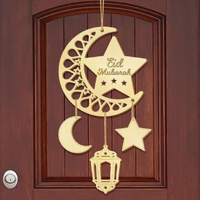 Eid Mubarak Door Sign Moon Stars Lantern Pendant, Ramadan Kareem Decorations for Home Decor Wood Hanging Ornaments, Wooden Decorative Hollow Signs for Islamic Muslim Door Hanger and Wall Light Gold