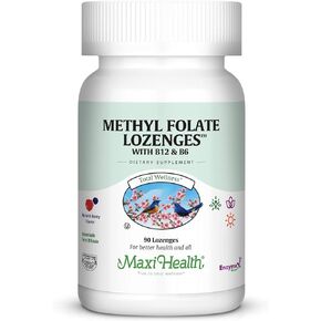 Maxi Health Methyl Folate Lozenges with B12 & B6, Flavored Memory, Cardiovascular Health Hormone & Immune Support Gluten Free, Kosher Berry, 90 Count
