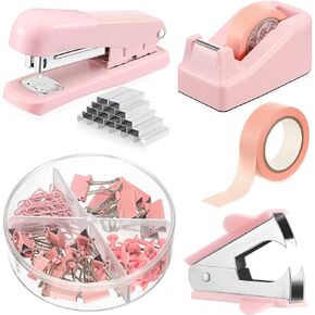 Office Supplies Set Desk Accessory Kit Include Stapler, Staples, Staple Remover, Tape Dispenser, 22 Binder Clips, 30 Paper Clips, 20 Push Pins, 2 Rolls Tape, for Women Christmas Gift (Pink)