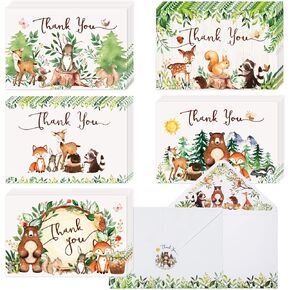 Hunanyume 50 Woodland Thank You Cards, 4×6 in Assorted Woodland Creatures Thank You Note Cards with Envelopes & Stickers, Bulk Cute Forest Animals Cards for Baby Shower and Birthday