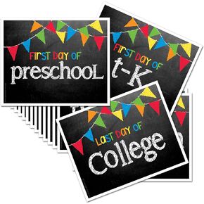 First Day & Last Day of School Photo Prop Signs, 8"x 10", Primary Flags Chalkboard, 17-Grade: Preschool, Pre-K, T-K, Kindergarten, 1st-12th Grades to College