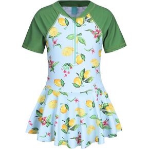 Girls One Piece Swimsuits Short Sleeve Swim Dress for Girls Hawaiian Skirted Bathing Suit Summer Swimwear 3-16 Years