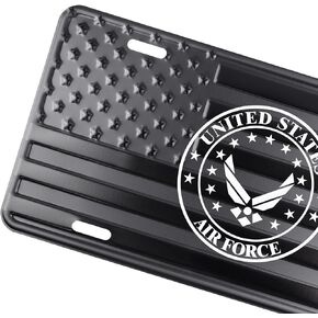 Air Force License Plate Tag Laser Etched on Embossed Black on Matt Black American Flag