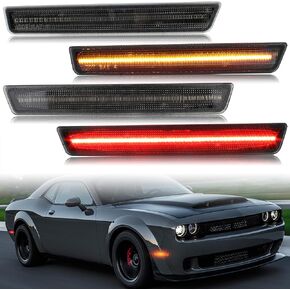 LED Side Marker Lights Kit for Challenger 15-23, Smoked Lens Front Rear Amber/Red Bumper Reflectors Sidemarker Lamps for Dodge Challenger 2015-2023, Replace OEM#68195788AB, 68195797AB