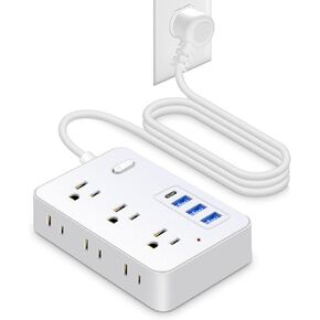 سلك تمديد بطول 25 قدمًا مع منافذ متعددة، شريط طاقة Asamoom بطول 25 قدمًا مع 6 منافذ مع 4 منافذ USB (1 USB C)، قابس مسطح بسلك طويل حماية 1700 جول للمنزل والمكتب باللون الأسود in Kuwait