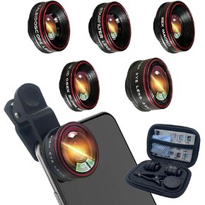 Phone Camera Lens,Clip on Cell Phone Lens kit 5 in 1, 235° Fisheye Lens + 25X Macro Lens + 0.62X Super Wide Angle Lens,Starlight+Kaleidoscope,for Most iPhone Android Phones and Smartphones Black