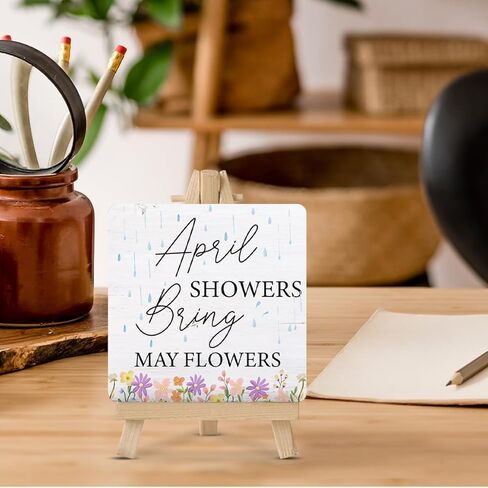 Farmhouse Spring Decorations April Showers Bring May Flowers Wood Sign with Easel Home Table Desk Spring Tiered Tray Décor in Kuwait