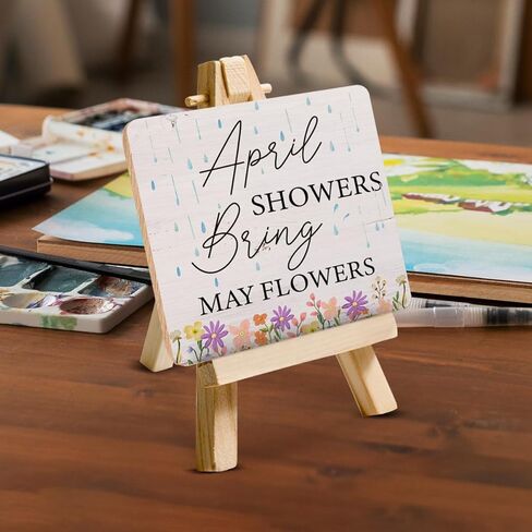 Farmhouse Spring Decorations April Showers Bring May Flowers Wood Sign with Easel Home Table Desk Spring Tiered Tray Décor in Kuwait