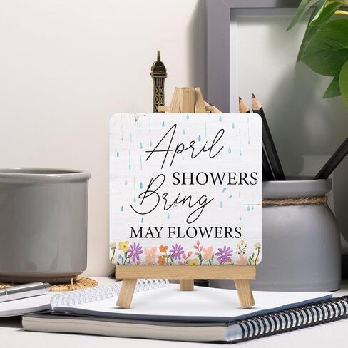 Farmhouse Spring Decorations April Showers Bring May Flowers Wood Sign with Easel Home Table Desk Spring Tiered Tray Décor in Kuwait
