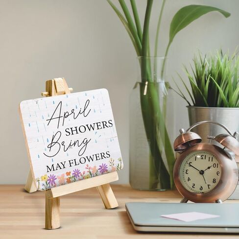 Farmhouse Spring Decorations April Showers Bring May Flowers Wood Sign with Easel Home Table Desk Spring Tiered Tray Décor in Kuwait