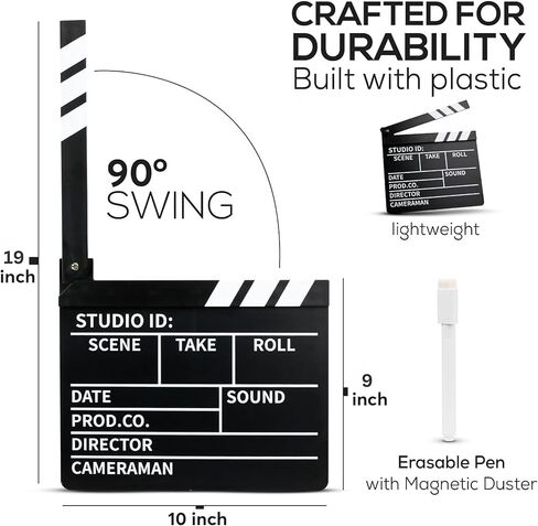 Film Clapper Board, Black & White 10 x 9 inch, Film Slate Clapper, Plastic Director Clap Board, Movie Props for Film Making, Movie Film Clapboard with Erasable Pen, Movie Decor in Kuwait