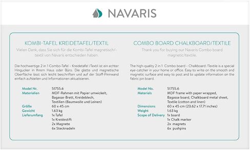 Navaris Combination Chalk and Bulletin Board - 18 x 24 in Magnetic Chalkboard Fabric Combo Pin Board for Wall - Incl. Chalk, Pins, Magnets - Beige in Saudi Arabia