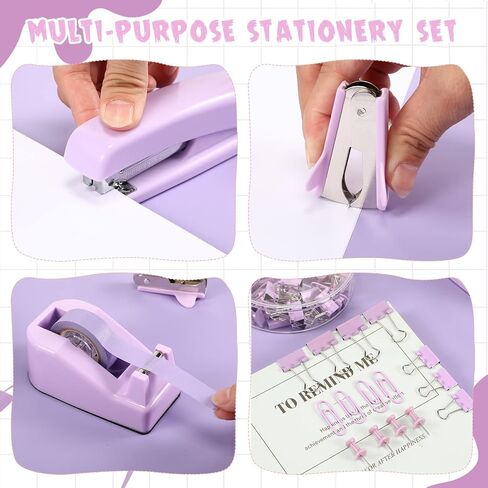 Office Supplies Set Desk Accessory Kit Include Stapler, Staples, Staple Remover, Tape Dispenser, 22 Binder Clips, 30 Paper Clips, 20 Push Pins, 2 Rolls Tape, for Women Christmas Gift (Pink) in Saudi Arabia