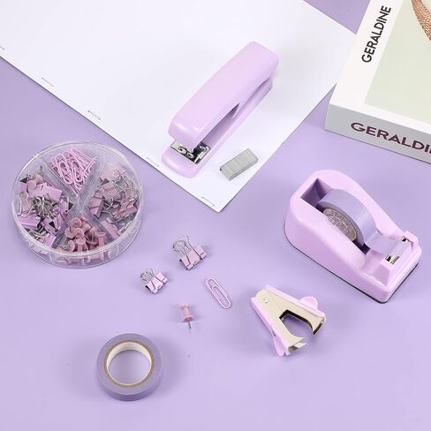 Office Supplies Set Desk Accessory Kit Include Stapler, Staples, Staple Remover, Tape Dispenser, 22 Binder Clips, 30 Paper Clips, 20 Push Pins, 2 Rolls Tape, for Women Christmas Gift (Pink) in Saudi Arabia