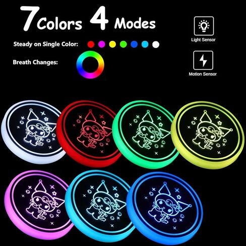 2 قطعة أضواء حامل أكواب LED من Kuromi، 7 ألوان 4 تأثيرات ضوئية متغيرة، حصيرة شحن USB مقاومة للماء، مصباح جو داخلي للسيارة LED in Kuwait