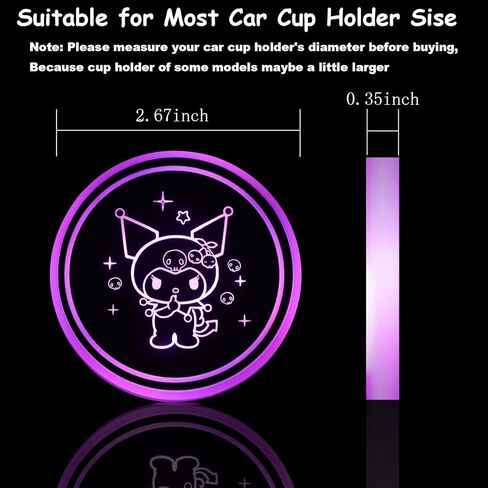 2 قطعة أضواء حامل أكواب LED من Kuromi، 7 ألوان 4 تأثيرات ضوئية متغيرة، حصيرة شحن USB مقاومة للماء، مصباح جو داخلي للسيارة LED in Kuwait