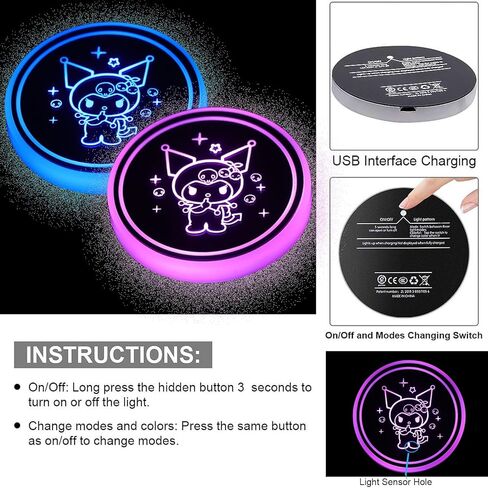 2 قطعة أضواء حامل أكواب LED من Kuromi، 7 ألوان 4 تأثيرات ضوئية متغيرة، حصيرة شحن USB مقاومة للماء، مصباح جو داخلي للسيارة LED in Kuwait