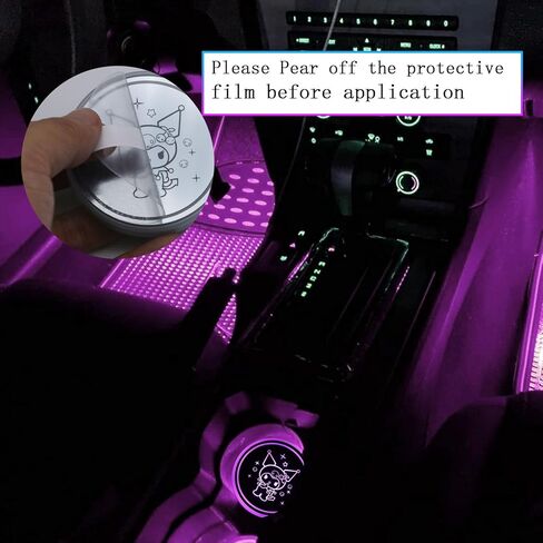 2 قطعة أضواء حامل أكواب LED من Kuromi، 7 ألوان 4 تأثيرات ضوئية متغيرة، حصيرة شحن USB مقاومة للماء، مصباح جو داخلي للسيارة LED in Kuwait