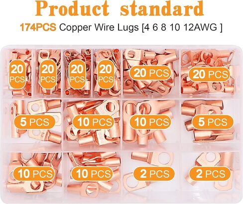 174 قطعة كابل بطارية نحاسي ينتهي بـ 14 مقاسًا لعروات أسلاك البطارية وفتحات طرفية أنبوبية وموصلات طرفية حلقية SC لمستلزمات السيارات AWG2/4/6/8/10/12 in Kuwait