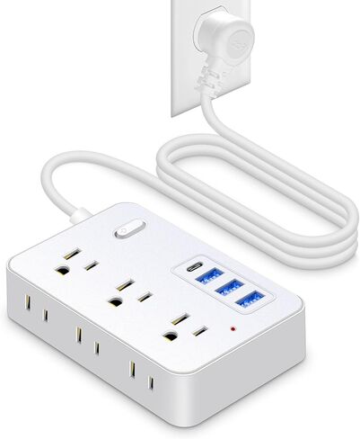 سلك تمديد بطول 25 قدمًا مع منافذ متعددة، شريط طاقة Asamoom بطول 25 قدمًا مع 6 منافذ مع 4 منافذ USB (1 USB C)، قابس مسطح بسلك طويل حماية 1700 جول للمنزل والمكتب باللون الأسود in Kuwait