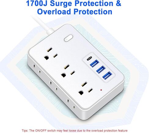 سلك تمديد بطول 25 قدمًا مع منافذ متعددة، شريط طاقة Asamoom بطول 25 قدمًا مع 6 منافذ مع 4 منافذ USB (1 USB C)، قابس مسطح بسلك طويل حماية 1700 جول للمنزل والمكتب باللون الأسود in Kuwait