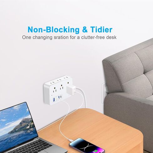 سلك تمديد بطول 25 قدمًا مع منافذ متعددة، شريط طاقة Asamoom بطول 25 قدمًا مع 6 منافذ مع 4 منافذ USB (1 USB C)، قابس مسطح بسلك طويل حماية 1700 جول للمنزل والمكتب باللون الأسود in Kuwait