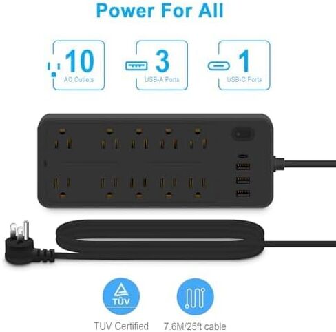 شرائط طاقة 15 قدمًا 14 في 1 مع حماية من زيادة التيار 1700J، 10 منافذ مع 4 منافذ USB (1 USB C) سلك تمديد طويل مع منافذ متعددة 16Awg 1625W/13A واقي شريط الطاقة بقابس مسطح أبيض in Kuwait